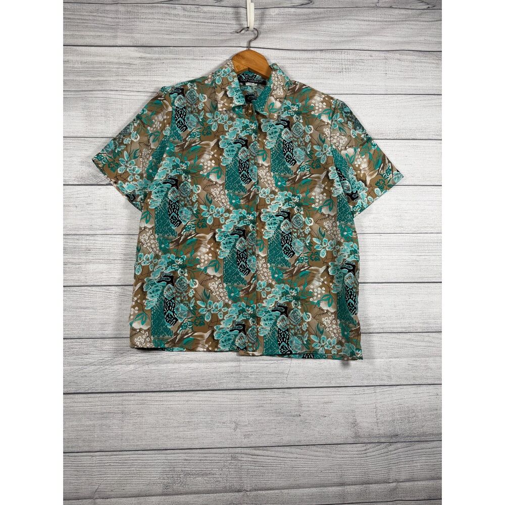 Sag Harbor Women's Size 10 Teal Tan Floral Short Sleeve Button Blouse 4217